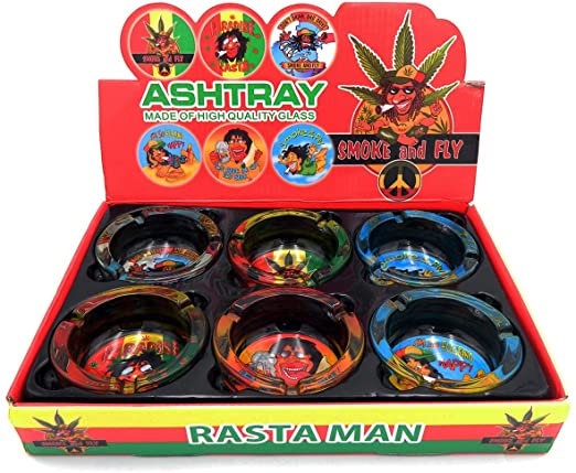 Small Glass Fashion Ashtray - Rasta Man "Smoke & Fly" - {6 Count Display}